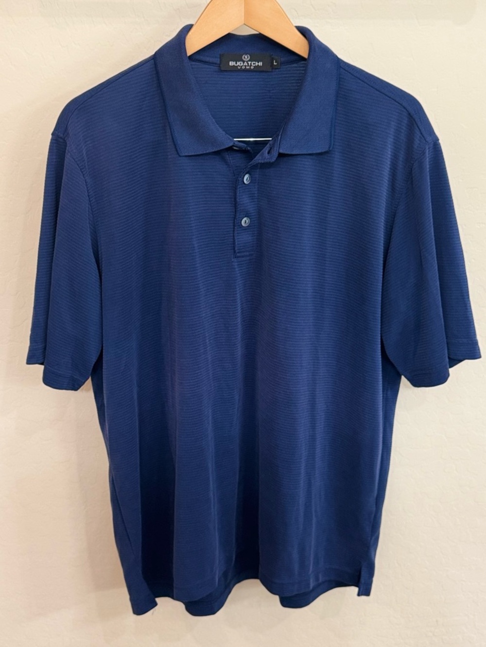 Bugatchi Uomo Navy Blue Textured Stripe Polo Shirt - Men's Size L - EUC